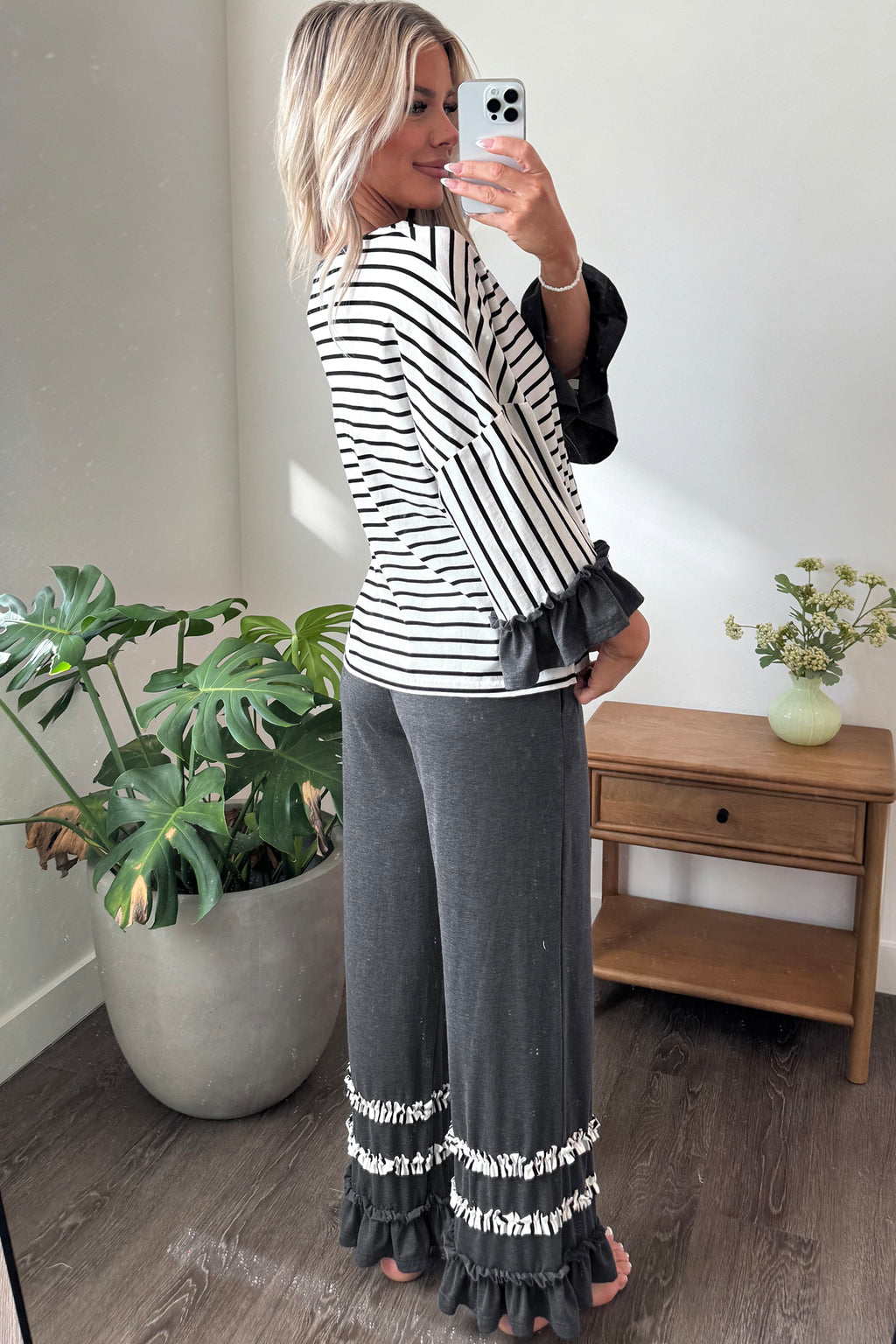 *2 colors Khaki/Gray Stripe V Neck Ruffle Contrast Sleeve Top Drawstring Pants 2pcs Set