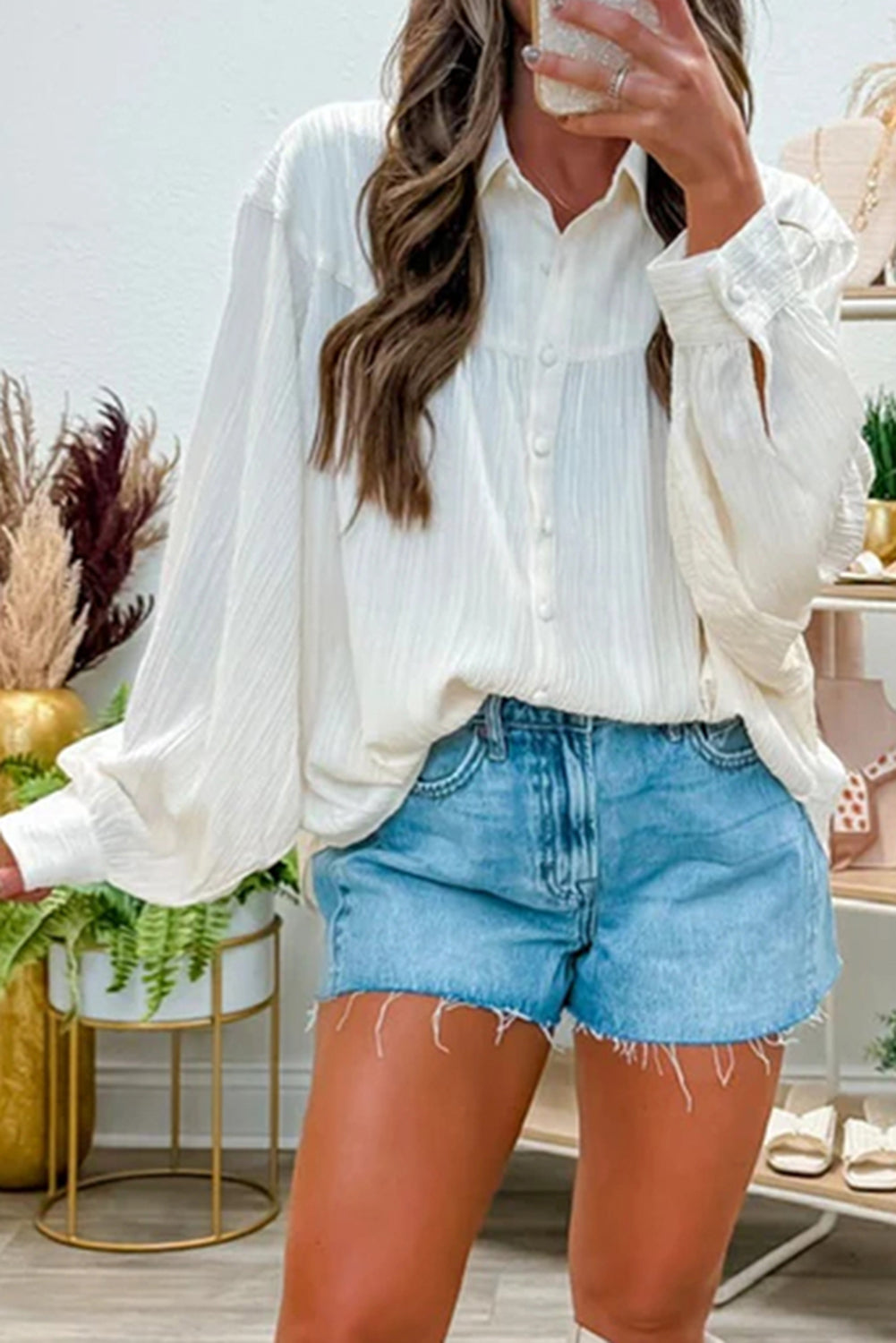 *White Crinkled Texture Lantern Sleeve Button Down Loose Shirt