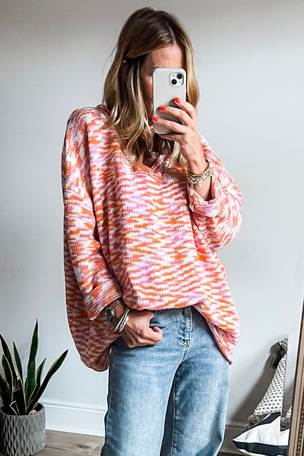 *Orange Vibrant Abstract Print Drop Shoulder V Neck Tunic Oversized Sweater