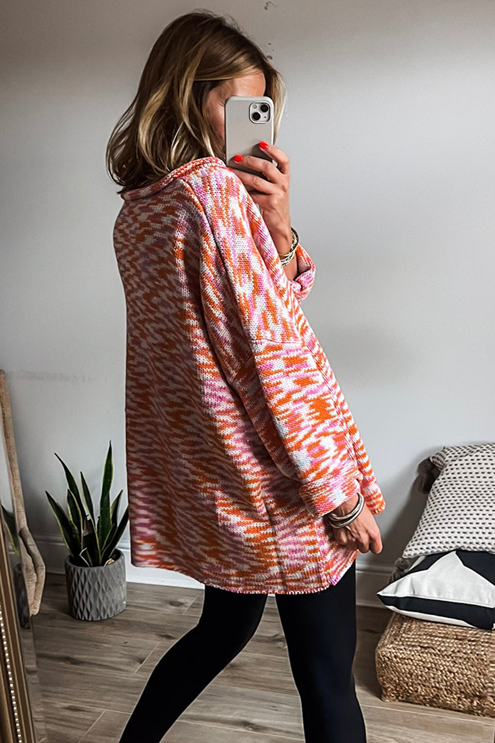 *Orange Vibrant Abstract Print Drop Shoulder V Neck Tunic Oversized Sweater