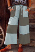 *Beau Blue Raw Seam Colorblock Wide Leg Ankle Length Casual Pants