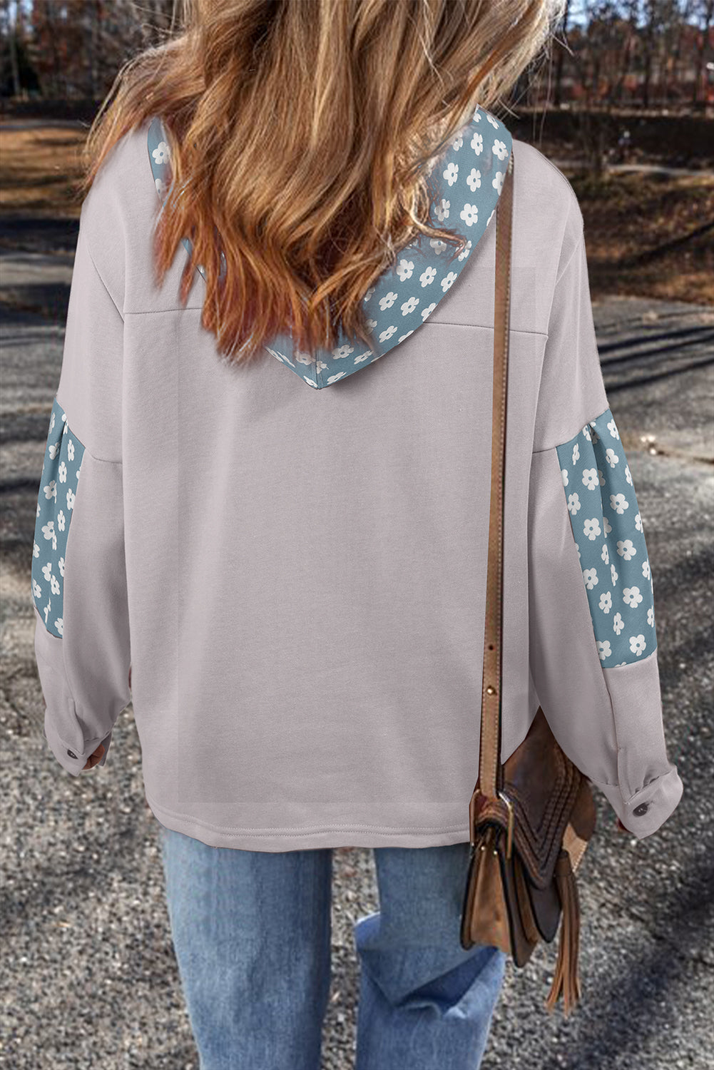 *Apricot Floral Patchwork Star Pattern Drawstring Hoodie