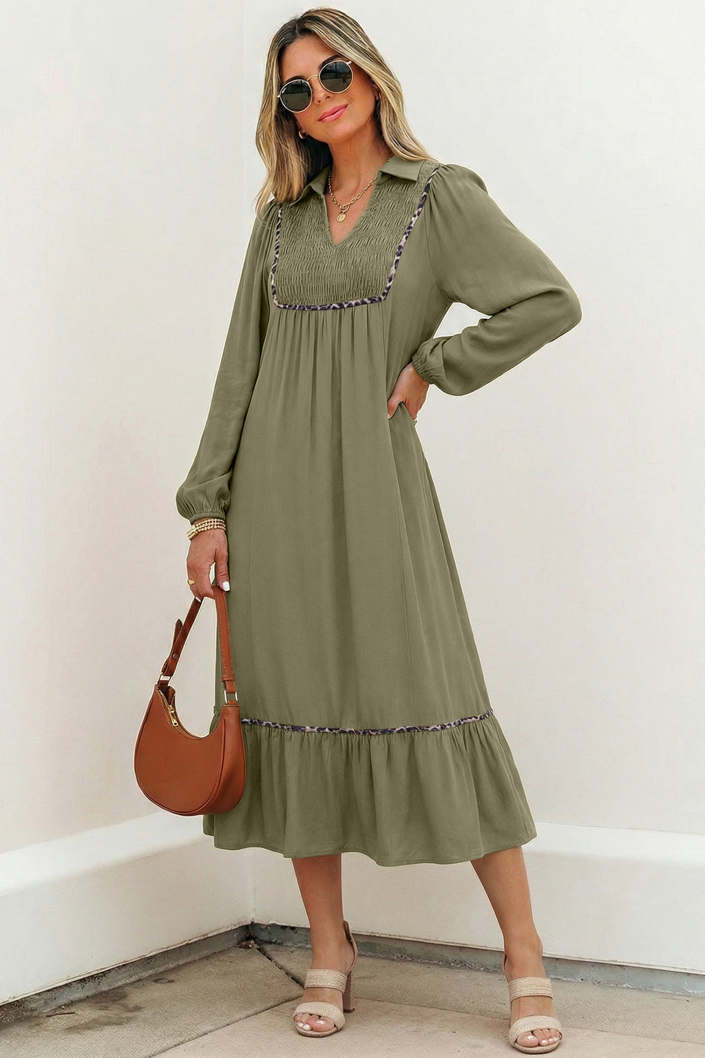 *Four Leaf Clover Collared V Neck Smocked Detail Contrast Leopard Trim Bracelet Sleeve Long Dress