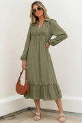 *Four Leaf Clover Collared V Neck Smocked Detail Contrast Leopard Trim Bracelet Sleeve Long Dress