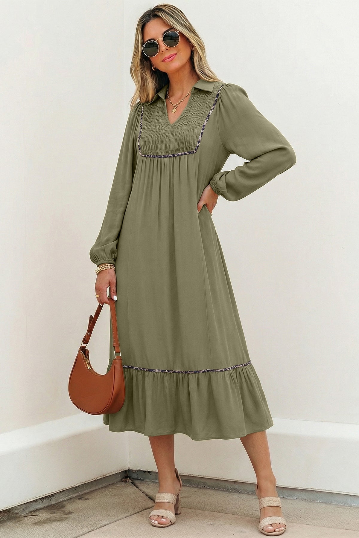 *Four Leaf Clover Collared V Neck Smocked Detail Contrast Leopard Trim Bracelet Sleeve Long Dress