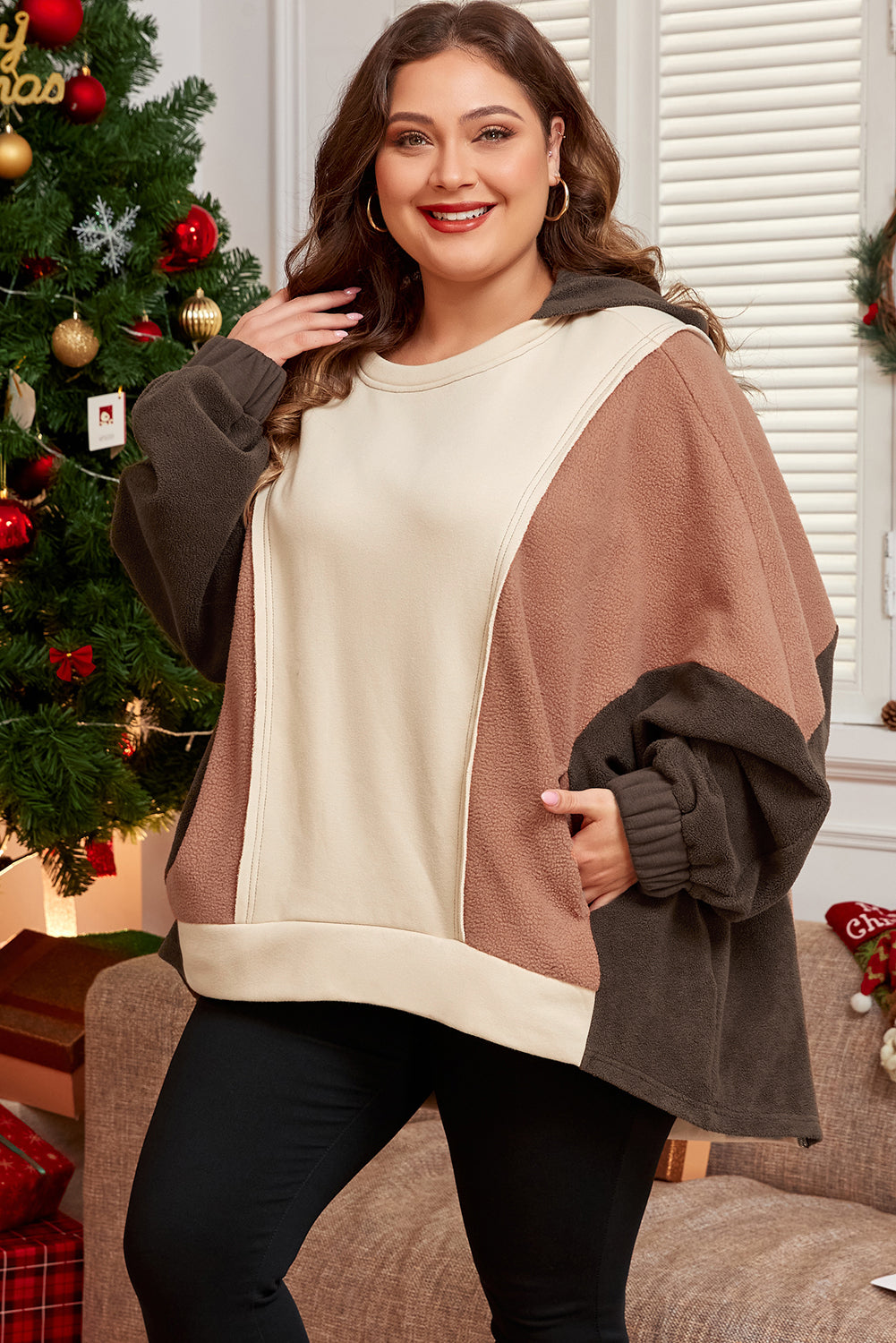 *Brown Exposed Seam Colorblock Plus Size Hoodie
