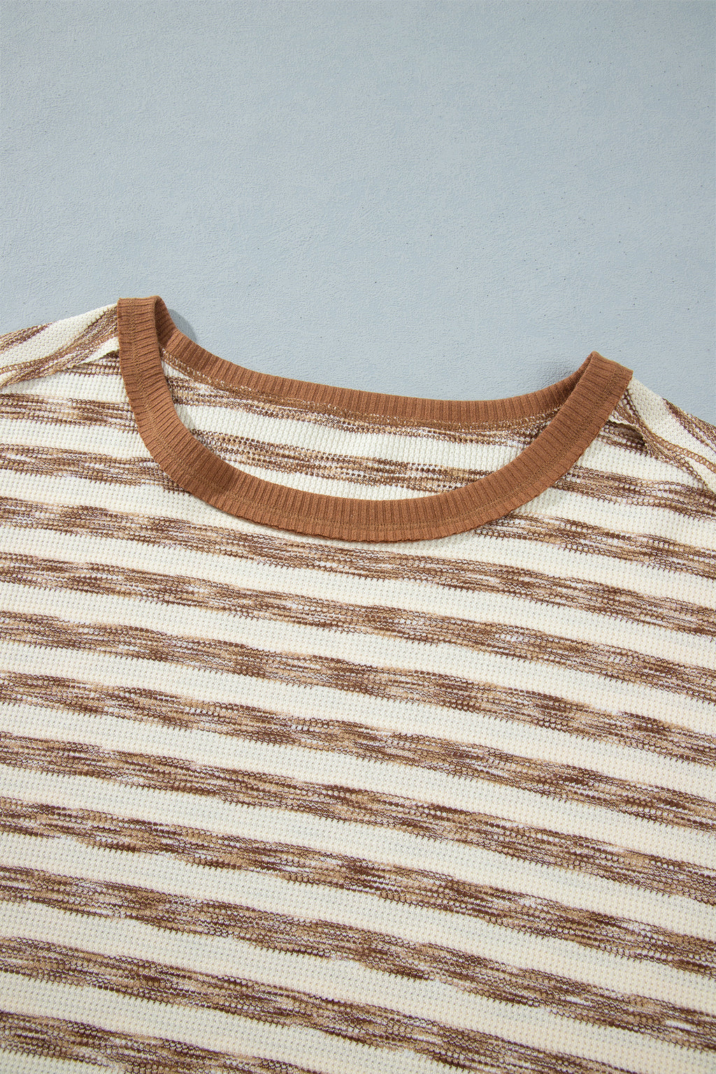 *Brown Stripe Textured Knit Color Block Trim Long Sleeve Round Neck Top