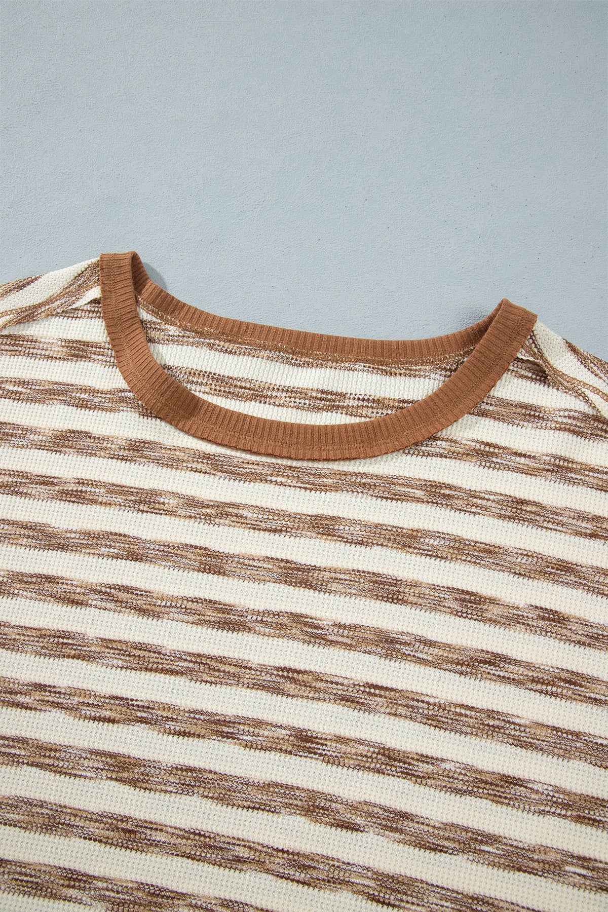 *Brown Stripe Textured Knit Color Block Trim Long Sleeve Round Neck Top