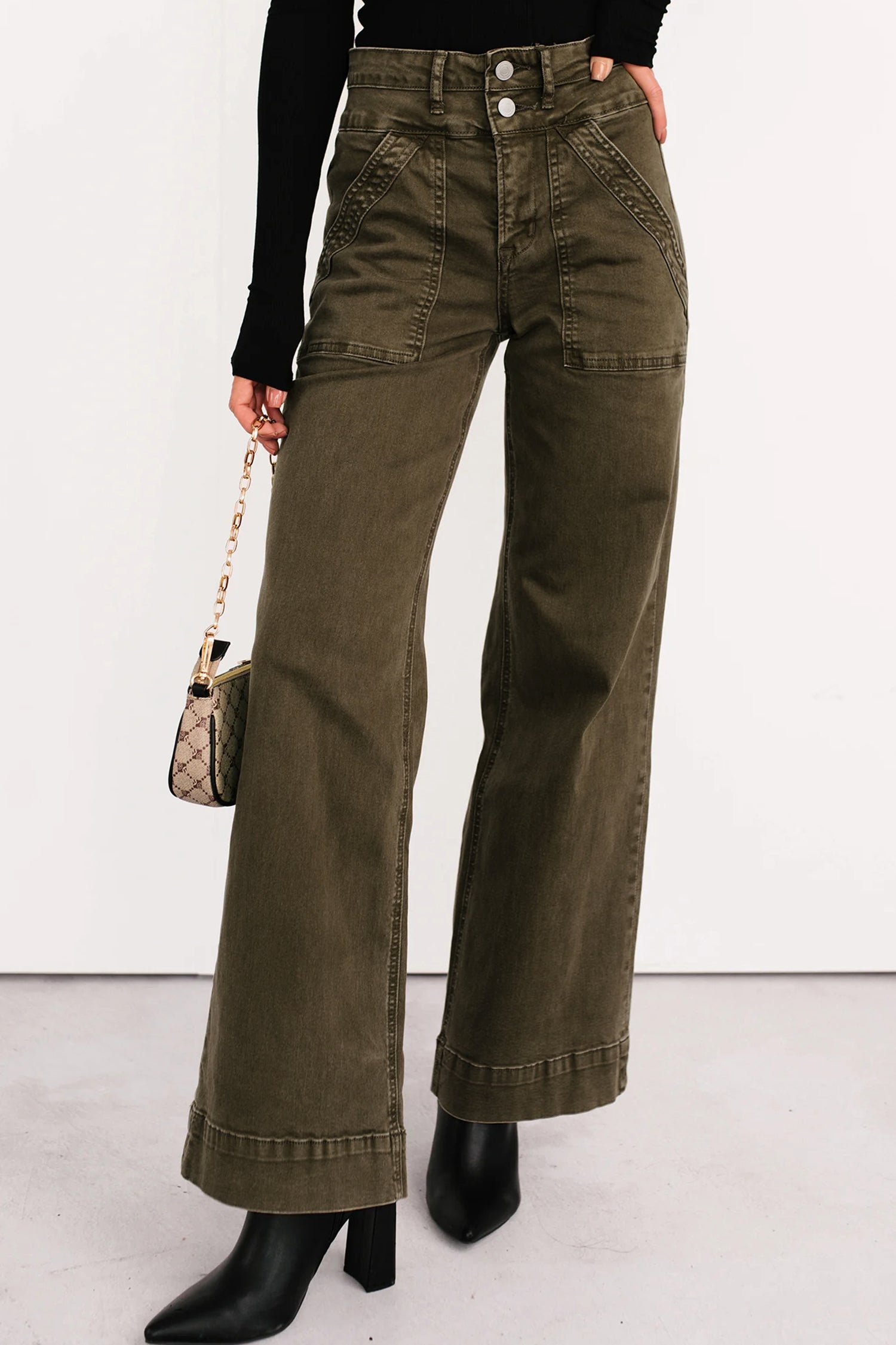 *Jungle Green Double Waistband Loose Straight Jeans