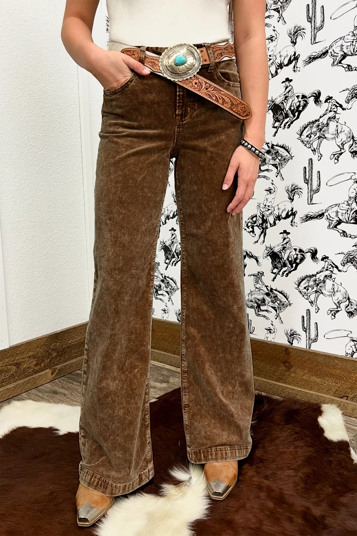 *Camel Straight Leg Corduroy Metal Button Zip-up Pants