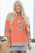 Grapefruit Orange Plaid Waffle Flower Patchwork Bracelet Sleeve Top