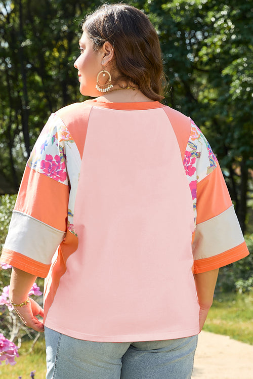*Orange Plus Size Floral Print Patchwork Raglan Half Sleeve Top
