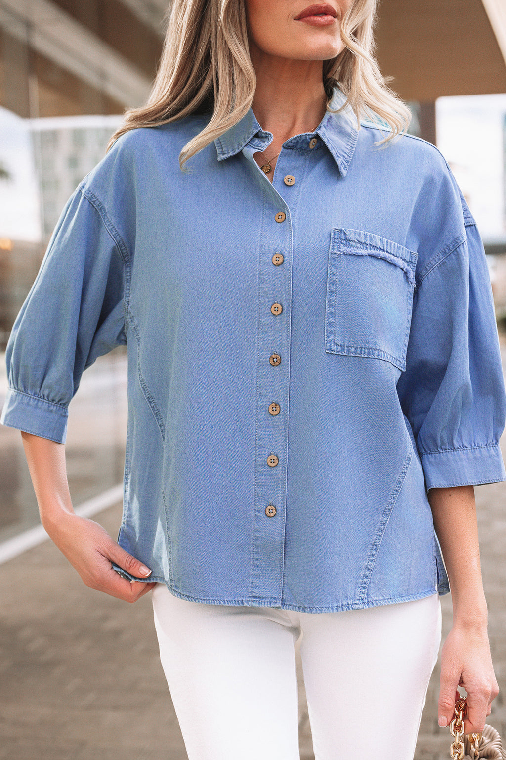 *Myosotis Washed Drop Shoulder Bracelet Sleeve Chambray Shirt
