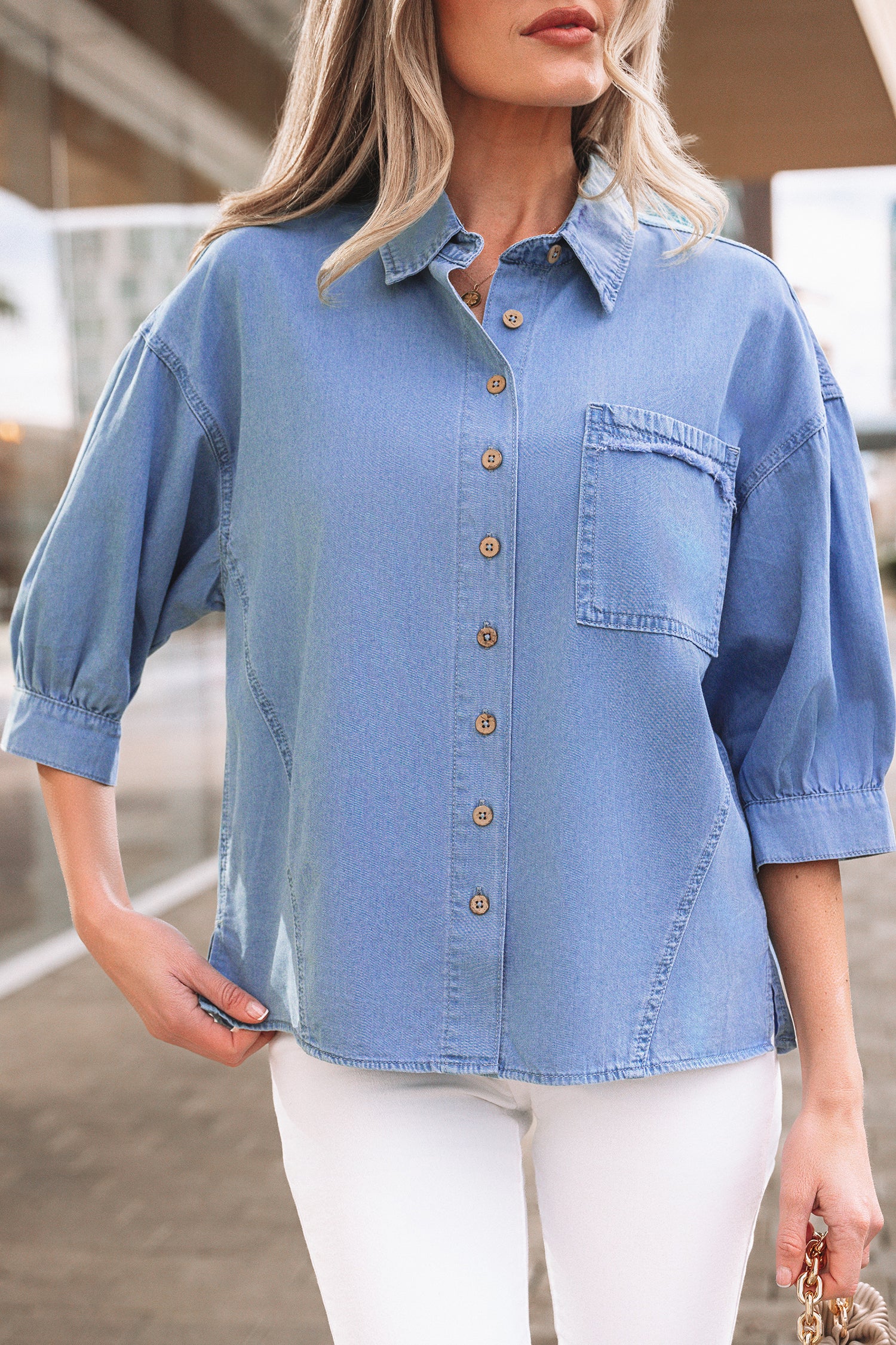 *Myosotis Washed Drop Shoulder Bracelet Sleeve Chambray Shirt
