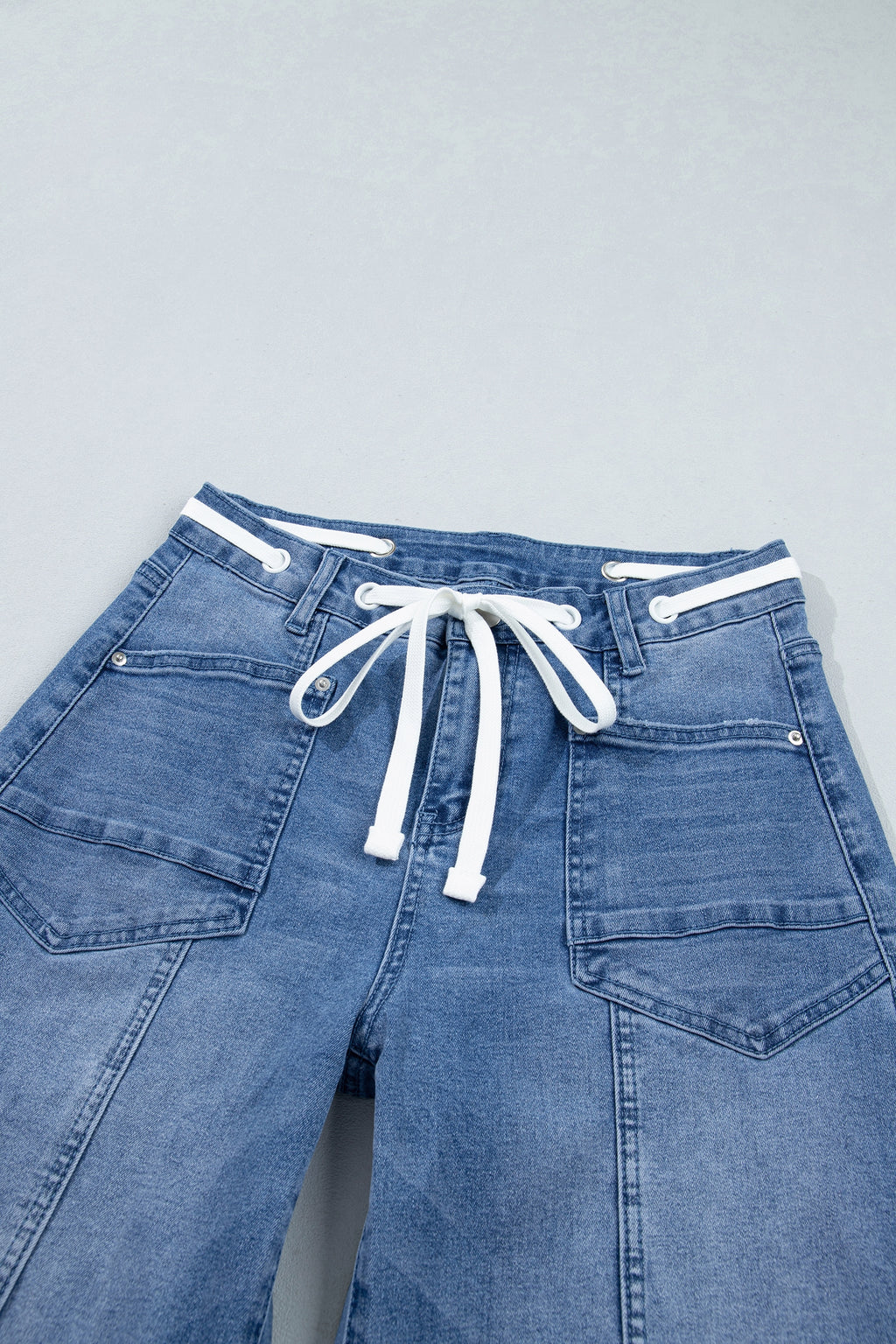 *Beau Blue Solid Patchwork Grommet Tie Waist Loose Ankle-Length Jeans