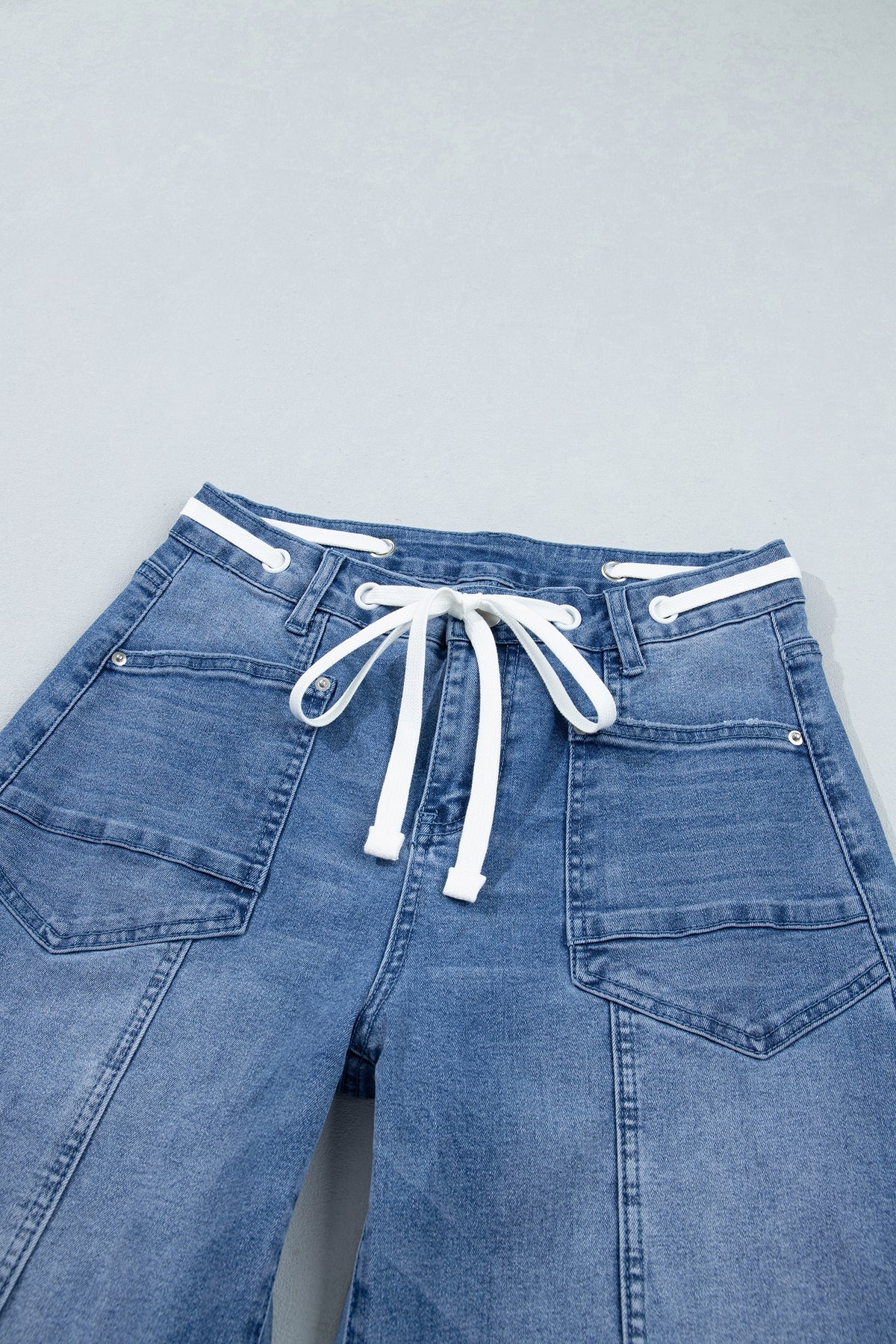*Beau Blue Solid Patchwork Grommet Tie Waist Loose Ankle-Length Jeans