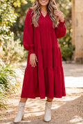*Racing Red Solid Color Ruffle Trim Long Sleeve Tiered Shift Midi Dress