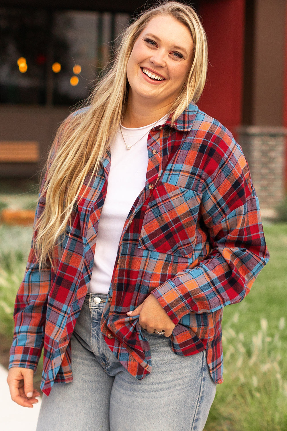 *Red Plus Size Plaid Print Buttoned Shirt