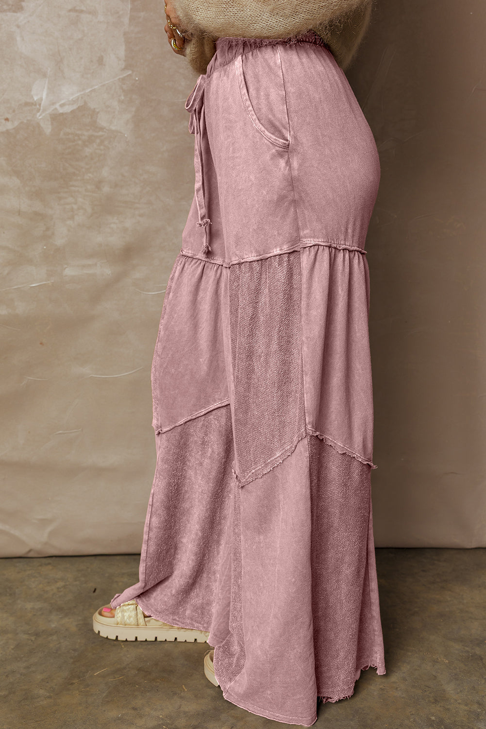 *Black Mineral Wash Tiered Wide Leg Patchwork Drawstring Pants