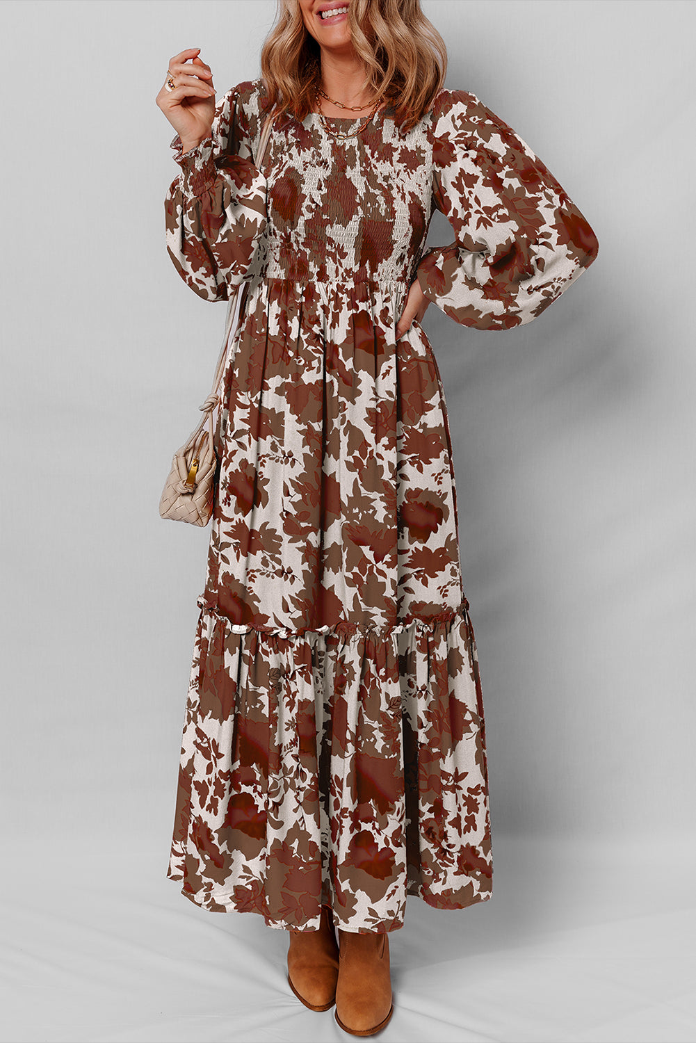 *Orange Floral Puff Sleeve Smocked Bodice Ruffled Long Dress