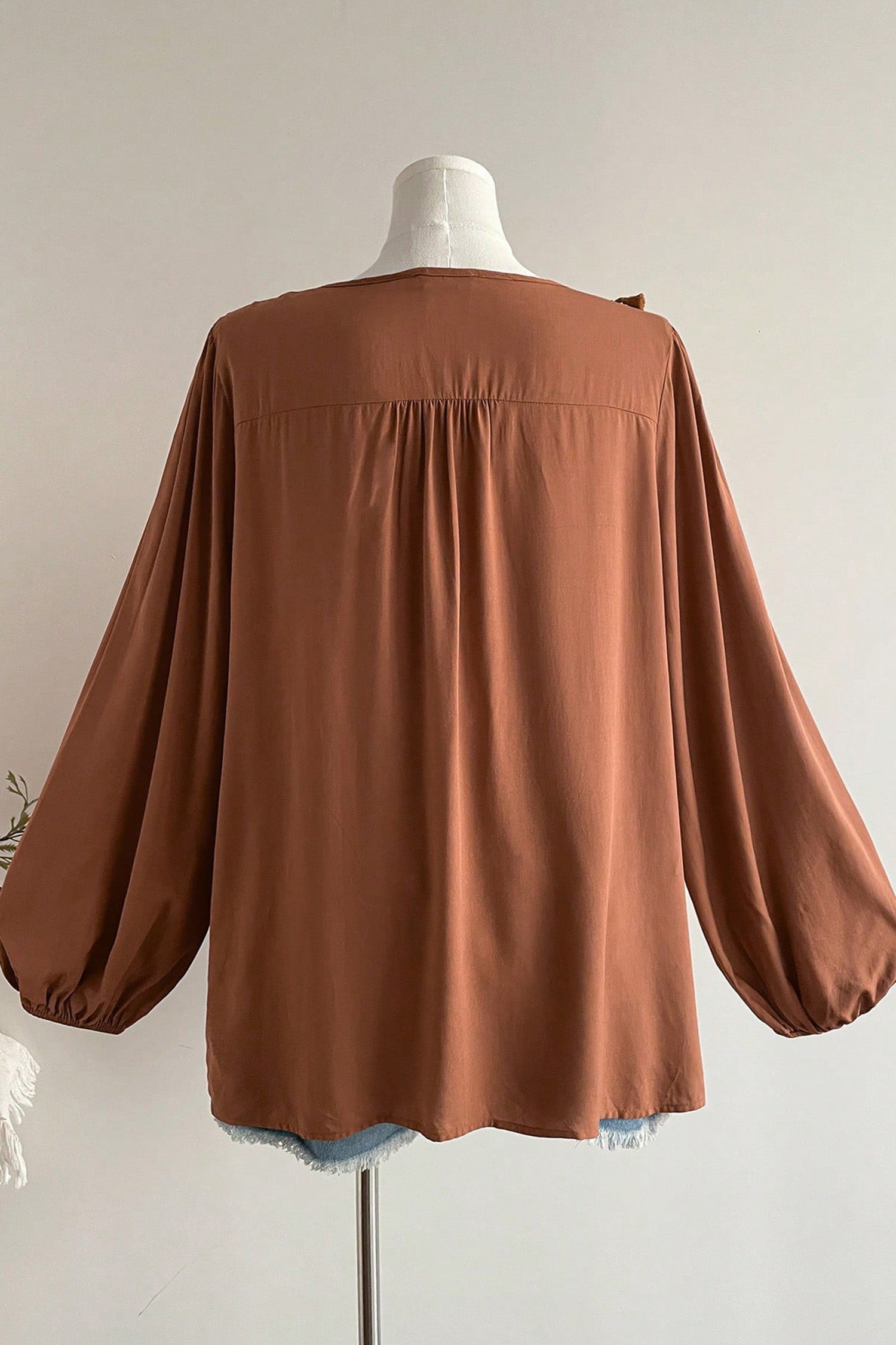 *Chestnut Boho V Neck Embroidered Tassel Long Sleeve Plus Size Blouse