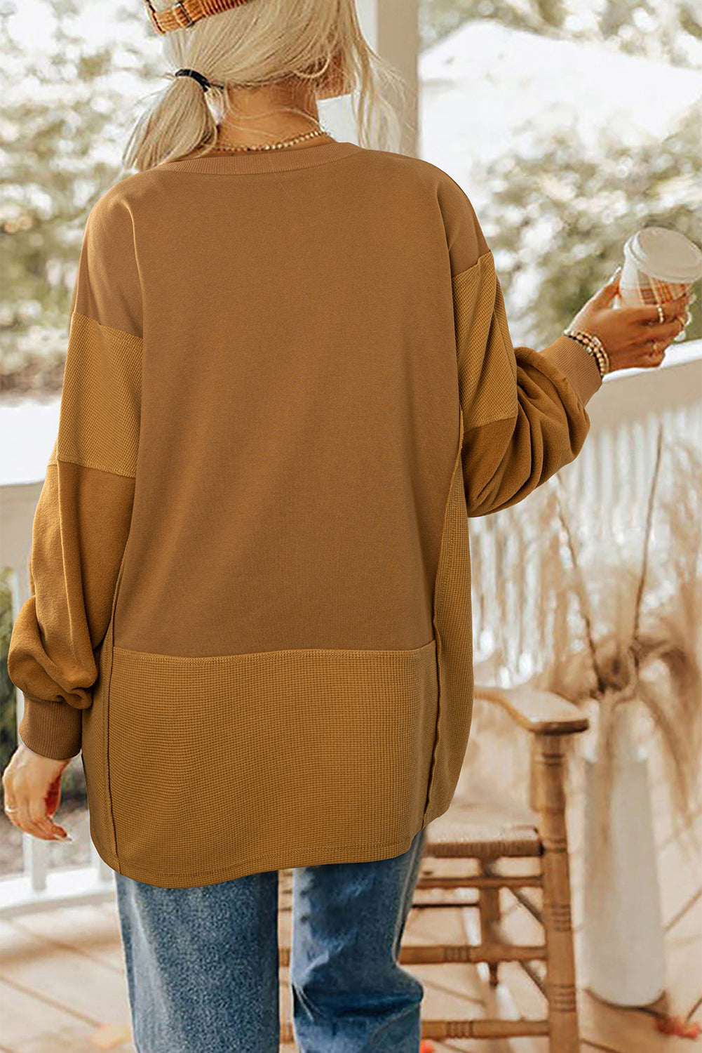 *Multicolor Oversized Mixed Textured Split Neck High Low Patchwork Sweatshirt