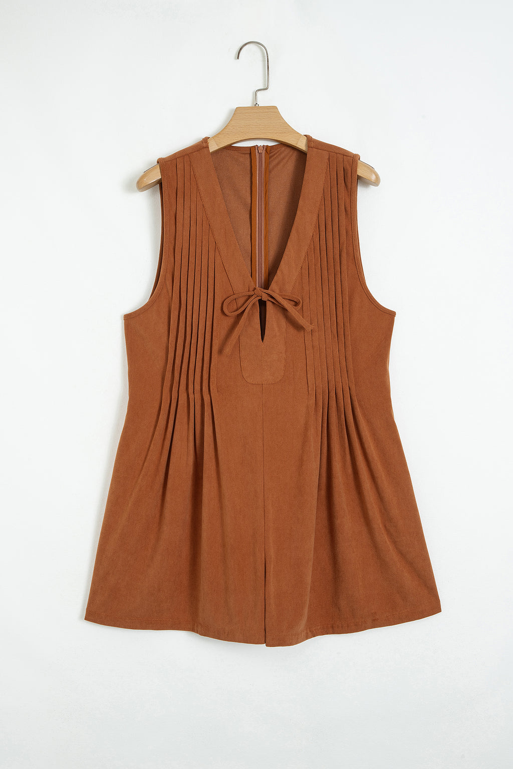 *Cinnamon Solid Color Tie V Neck Sleeveless Corduroy Romper