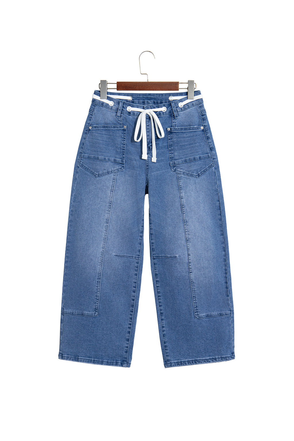 *Beau Blue Solid Patchwork Grommet Tie Waist Loose Ankle-Length Jeans
