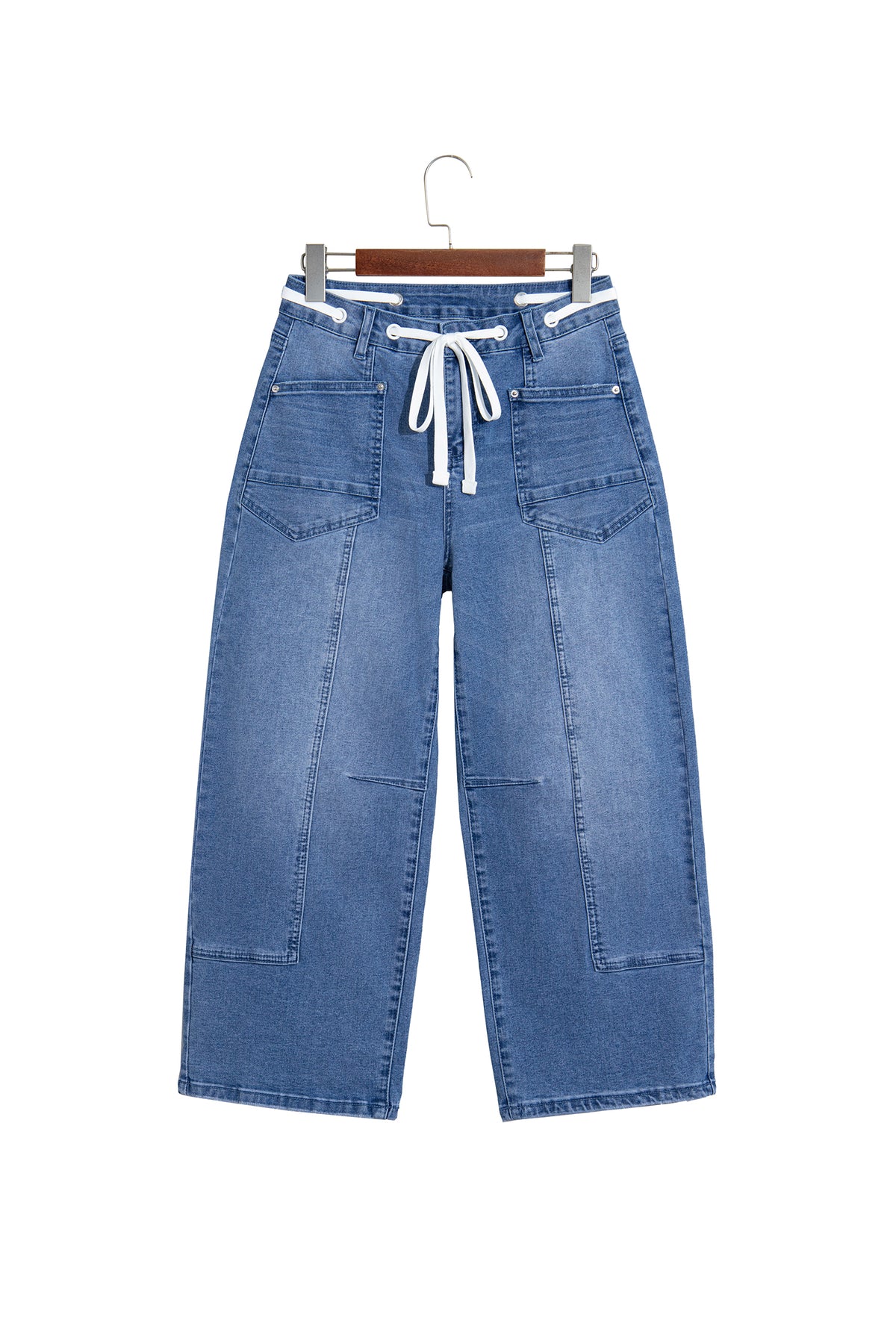 *Beau Blue Solid Patchwork Grommet Tie Waist Loose Ankle-Length Jeans