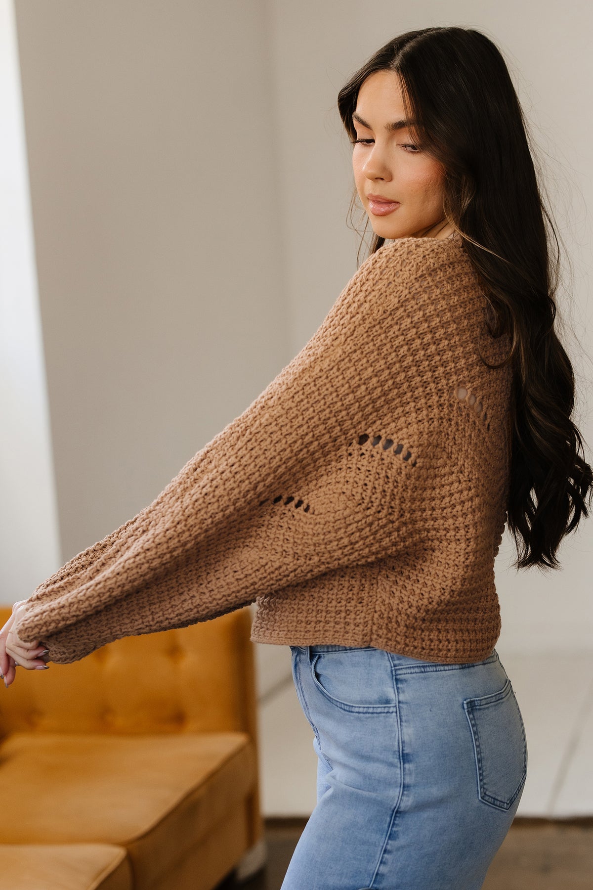 *White Hollowed Detail Wide Sleeve Loose Pullover Sweater