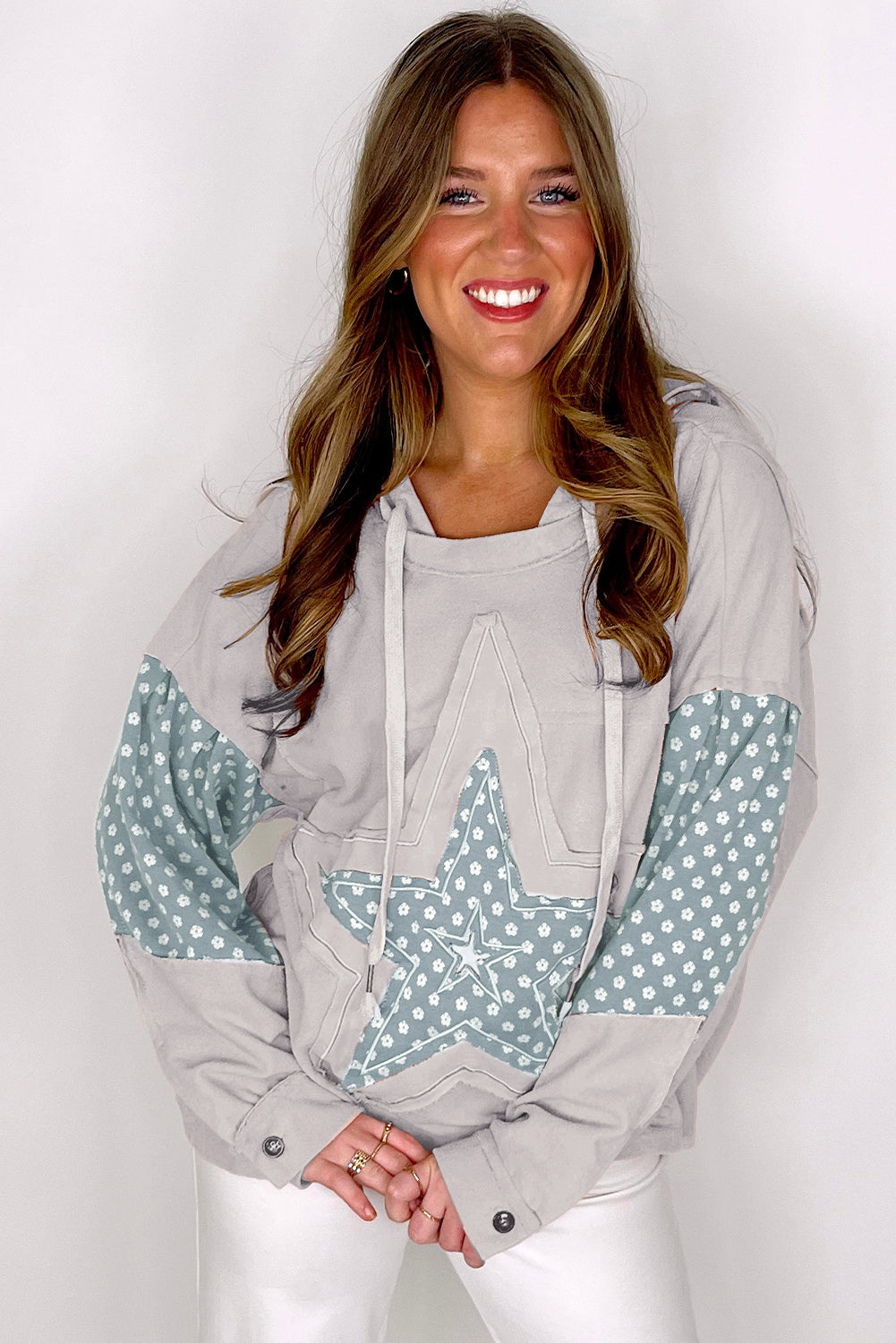 *Apricot Floral Patchwork Star Pattern Drawstring Hoodie