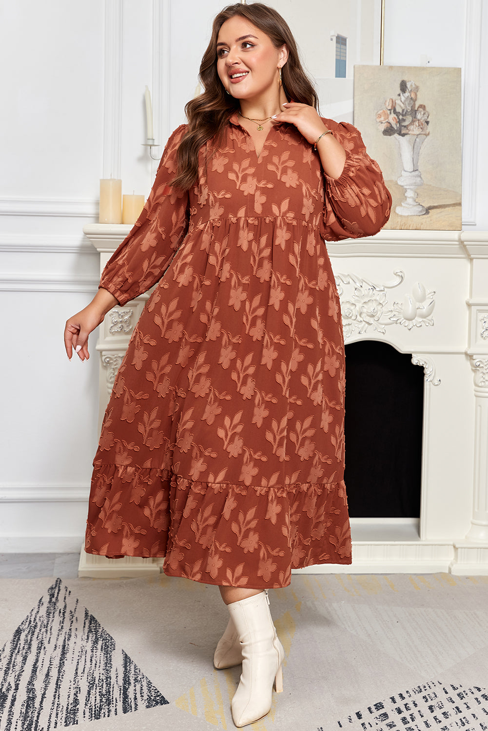 *Cinnamon Plus Size Textured 3D Flower Pattern Ruffle Hem 3/4 Sleeve Long Dress