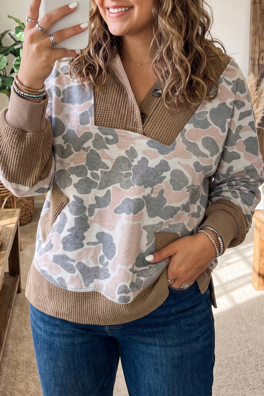 *Khaki Camouflage Print Waffle Knit Patchwork Half Zip Plus Size Hoodie