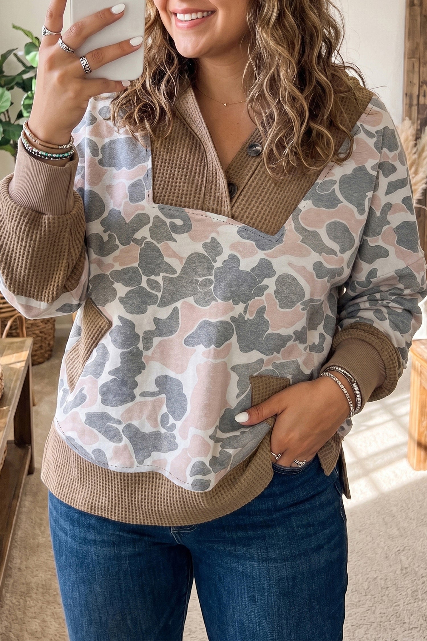 *Khaki Camouflage Print Waffle Knit Patchwork Half Zip Plus Size Hoodie