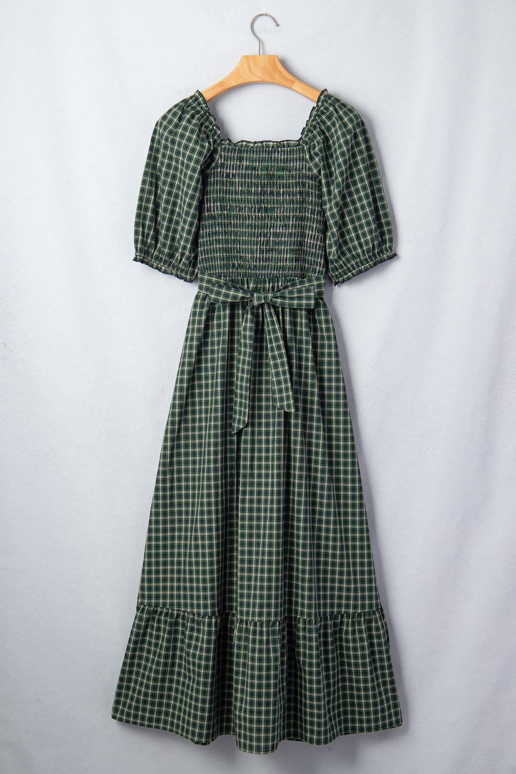 *Green Plaid Square Neck Shirred High Waist Ruffle Hem Dress