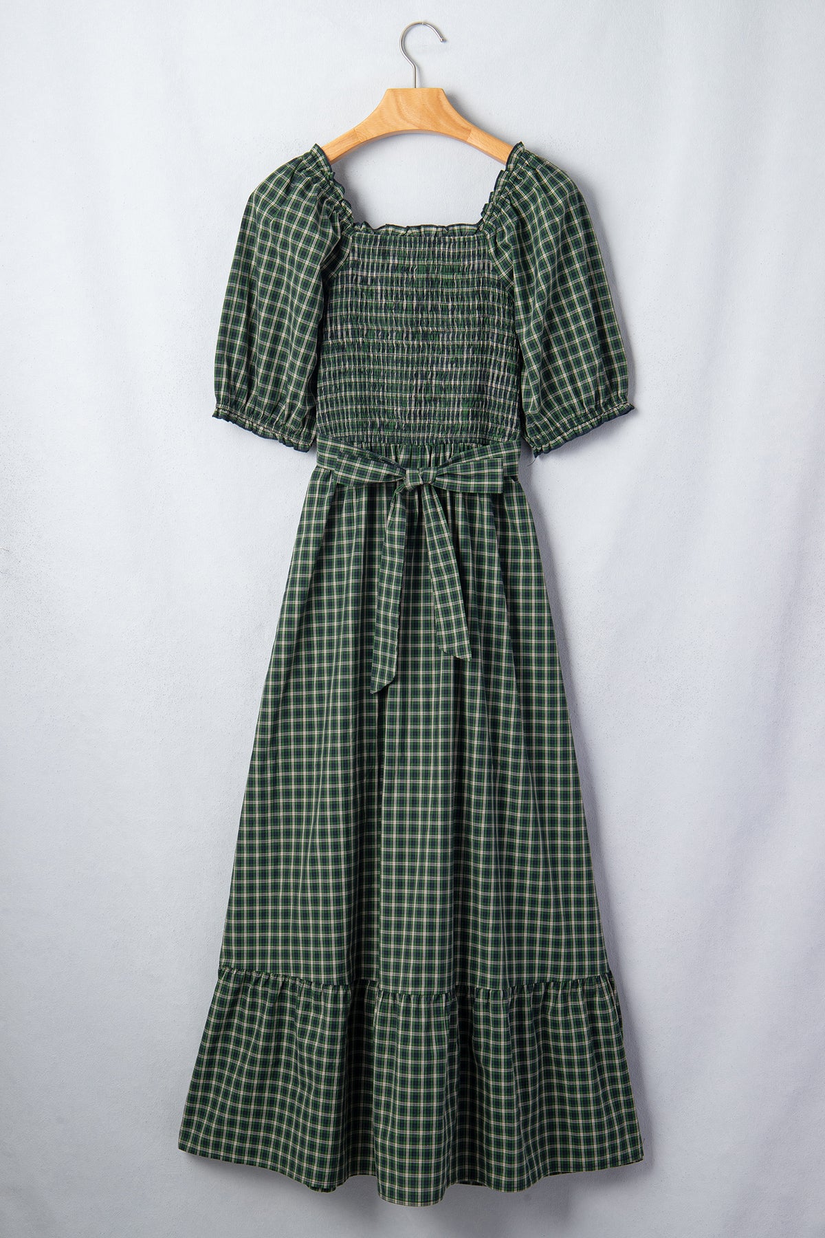 *Green Plaid Square Neck Shirred High Waist Ruffle Hem Dress