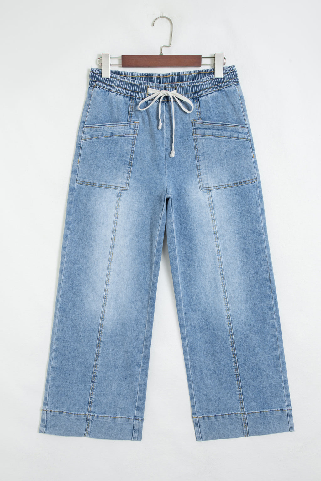 *Beau Blue Drawstring Waist Wide Leg Ankle Length Jeans