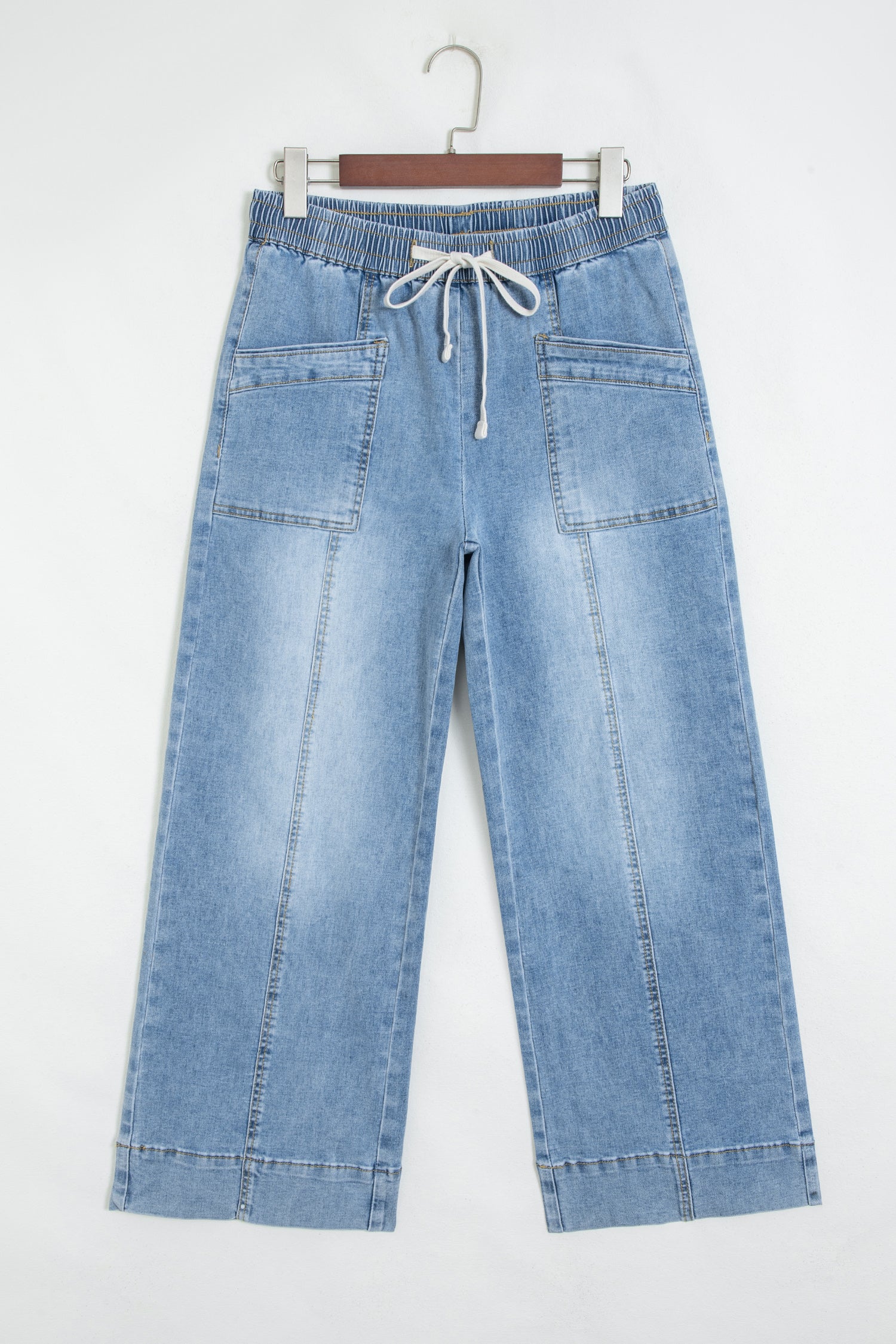*Beau Blue Drawstring Waist Wide Leg Ankle Length Jeans