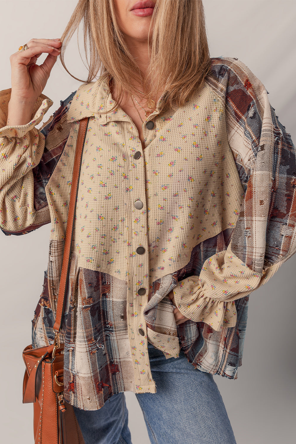 *Oatmeal Boho Floral Plaid Patchwork Distressed Detail Ruffled Sleeve Waffle Knit Shacket