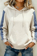*Light Grey Colorblock Denim Sleeve Tunic Pullover Hoodie