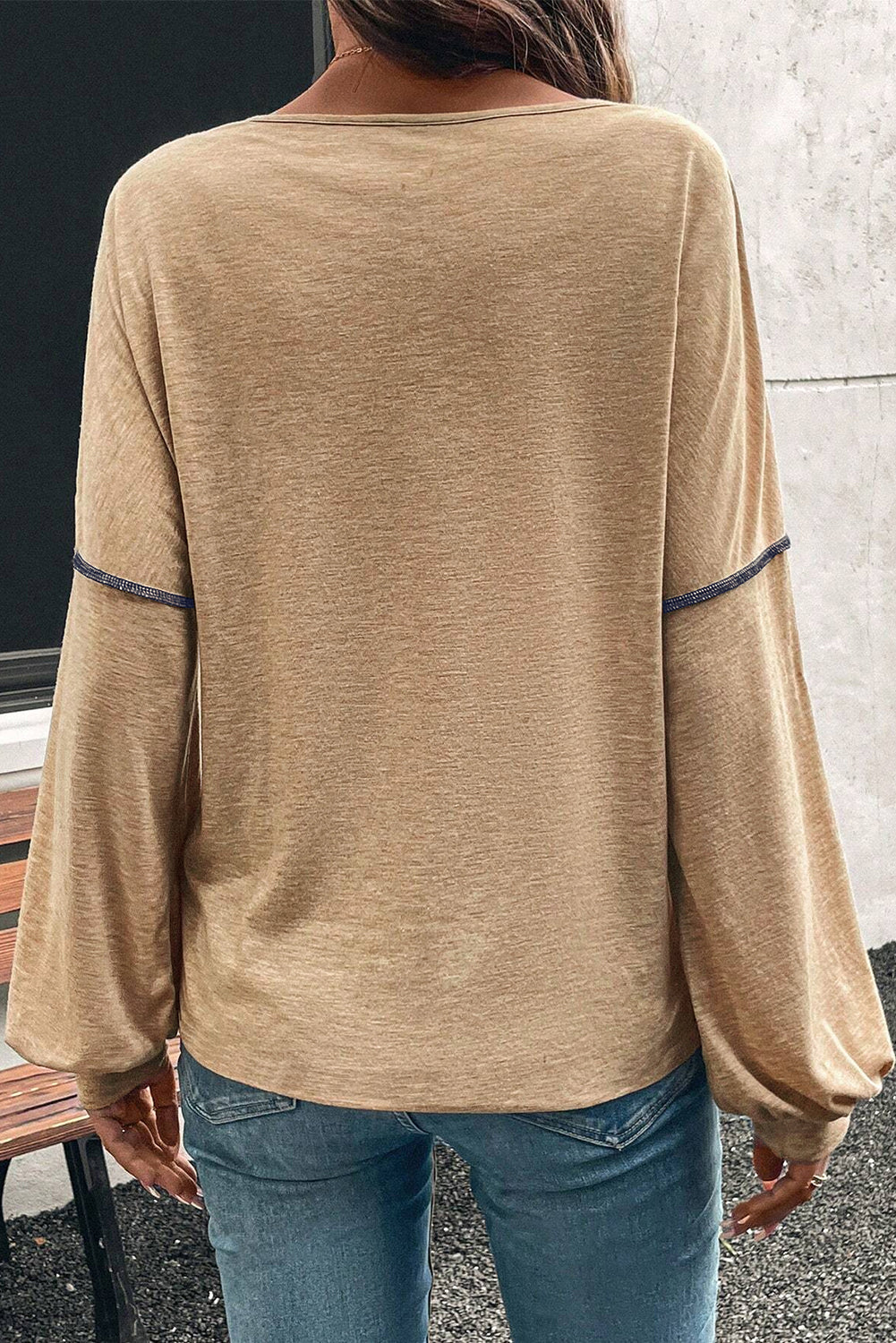 *Four Leaf Clover Exposed Stitching Colorblock V Neck Long Sleeve Top