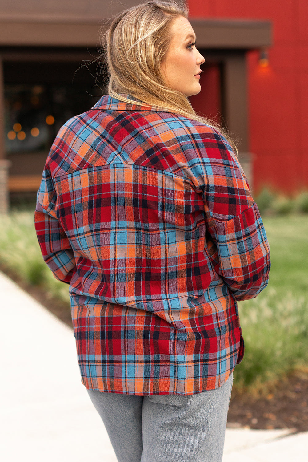 *Red Plus Size Plaid Print Buttoned Shirt