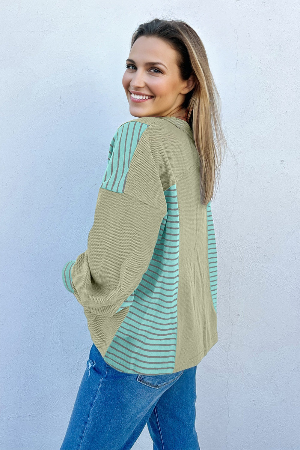 *Dusk Blue Exposed Seam Waffle Striped Patchwork Baggy Pullover