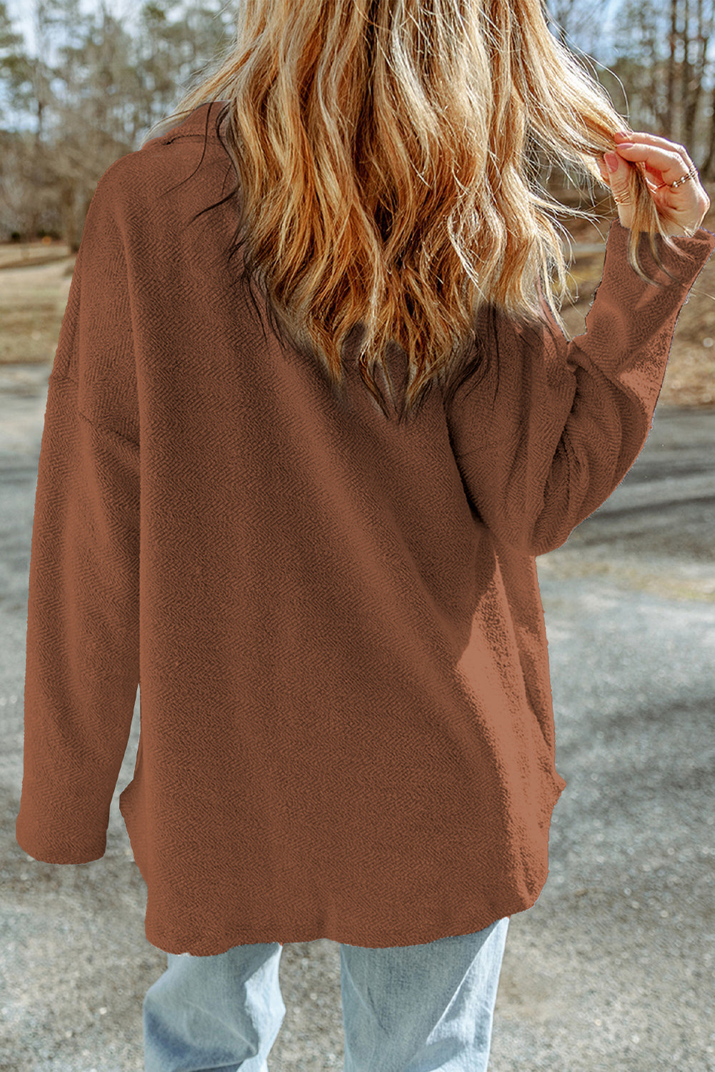 *Brown Exposed Seam Terry Patchwork Shacket