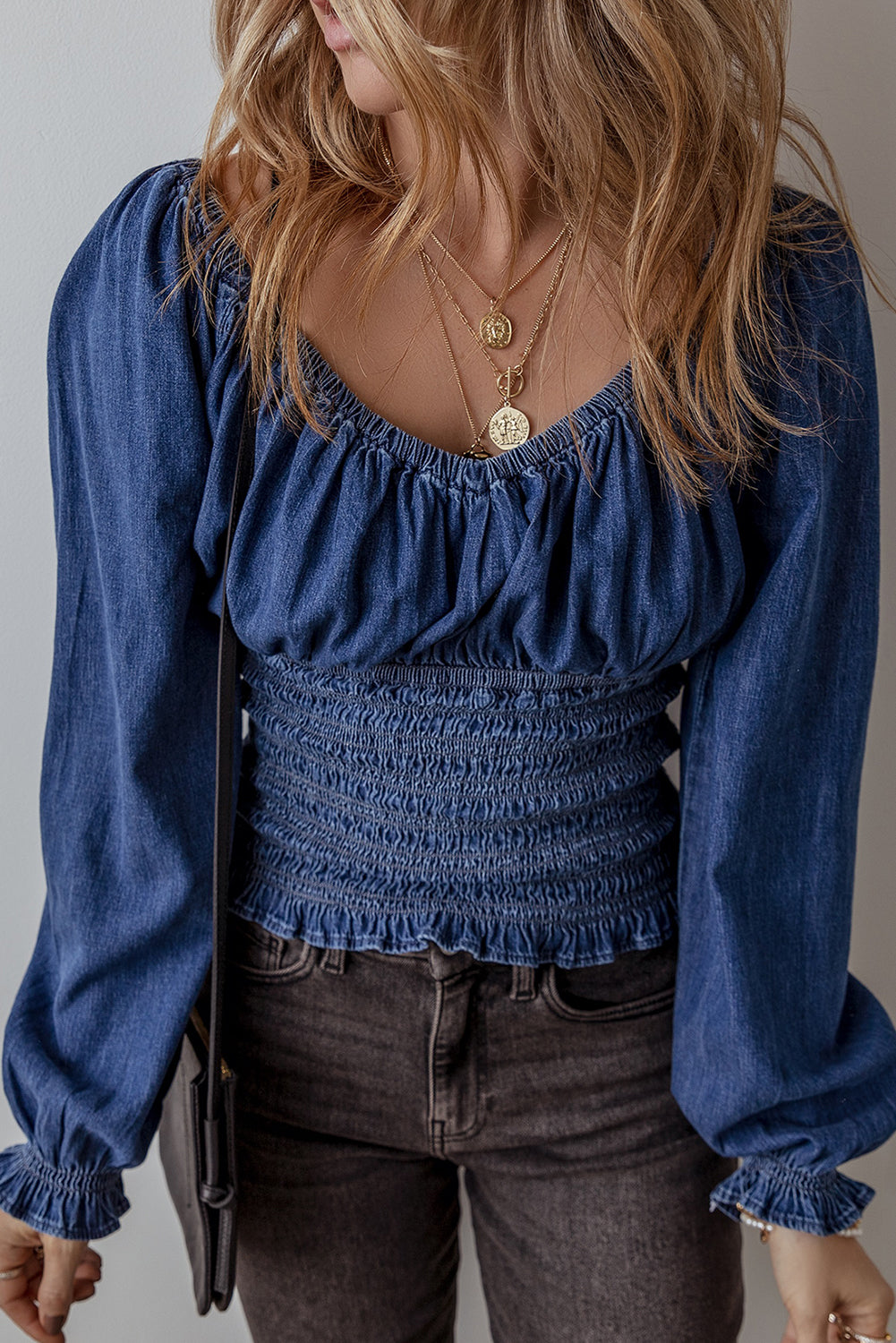 *Dark Blue Smocked Ruffled Puff Sleeve V Neck Denim Blouse