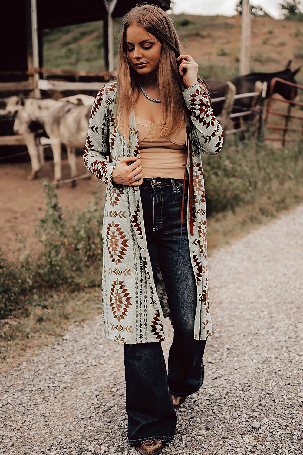 *Brown Western Aztec Printed Open Front Long Cardigan