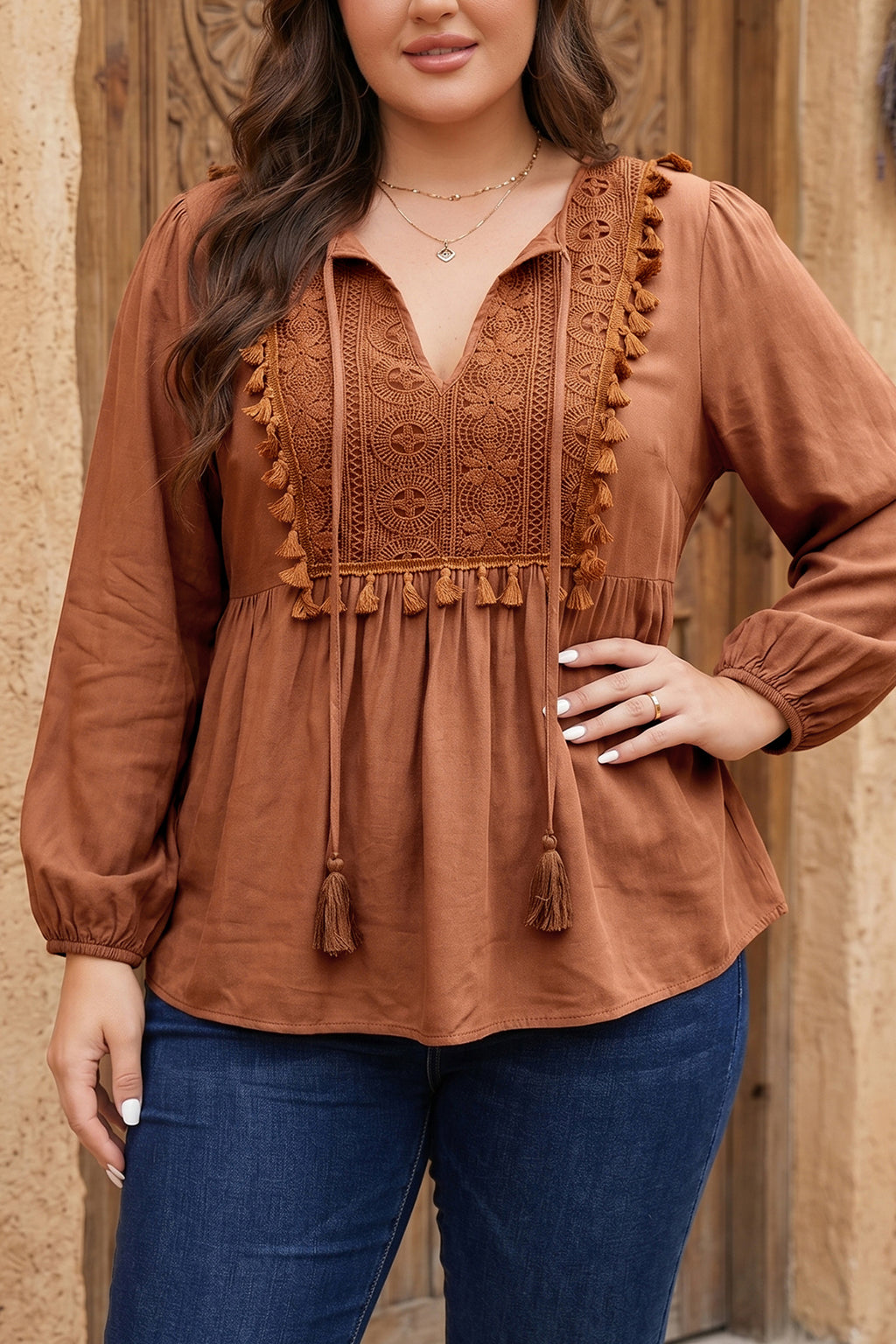 *Chestnut Boho V Neck Embroidered Tassel Long Sleeve Plus Size Blouse