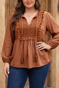*Chestnut Boho V Neck Embroidered Tassel Long Sleeve Plus Size Blouse