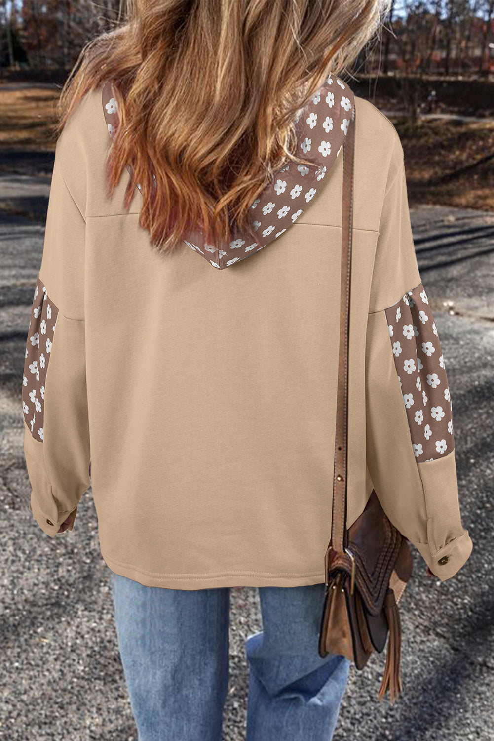 *Apricot Floral Patchwork Star Pattern Drawstring Hoodie