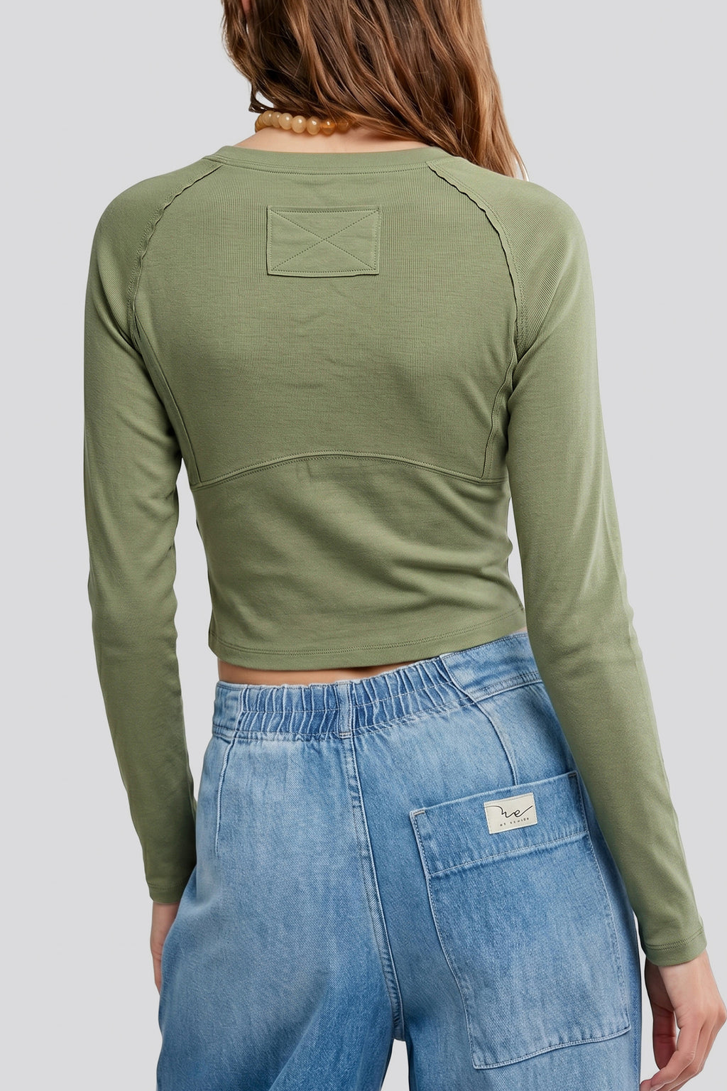 *Guacamole Green Round Neck Paneling Long Sleeve Top